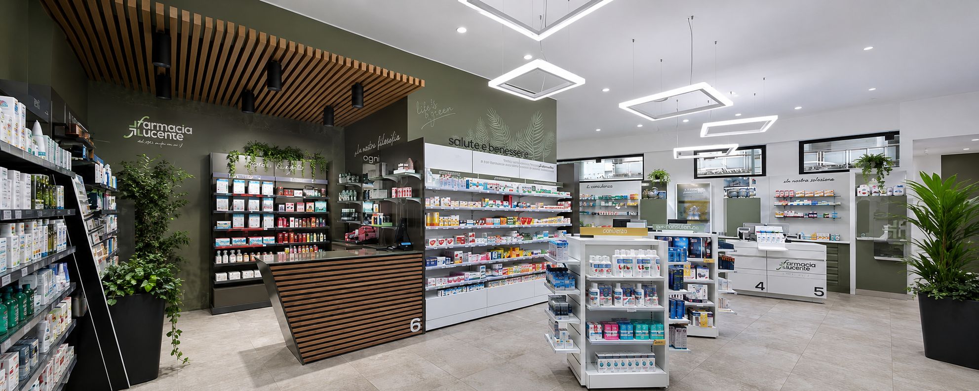 Vista panoramica degli interni della Farmacia Lucente, Torino Parella